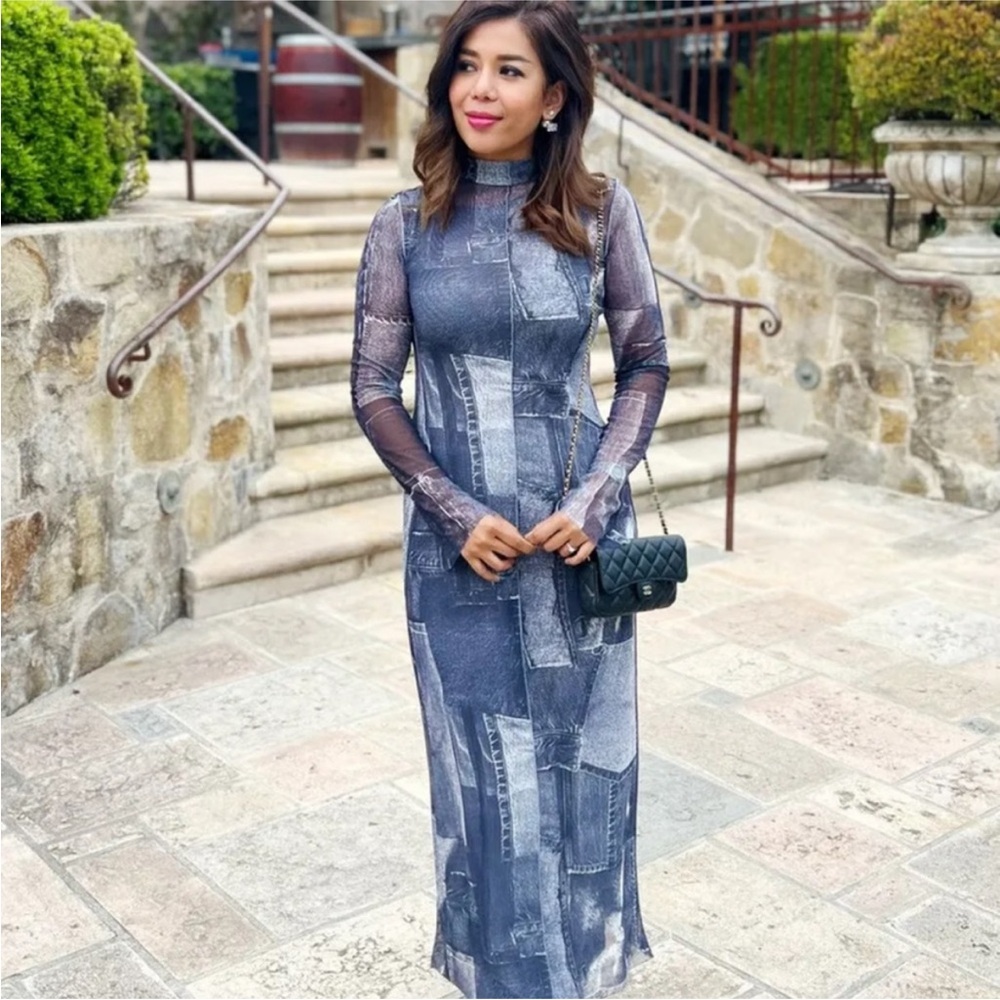 ZARA FW22 WOMAN MIDI DENIM-LOOK PATCHWORK TULLE
DRESS BLUE